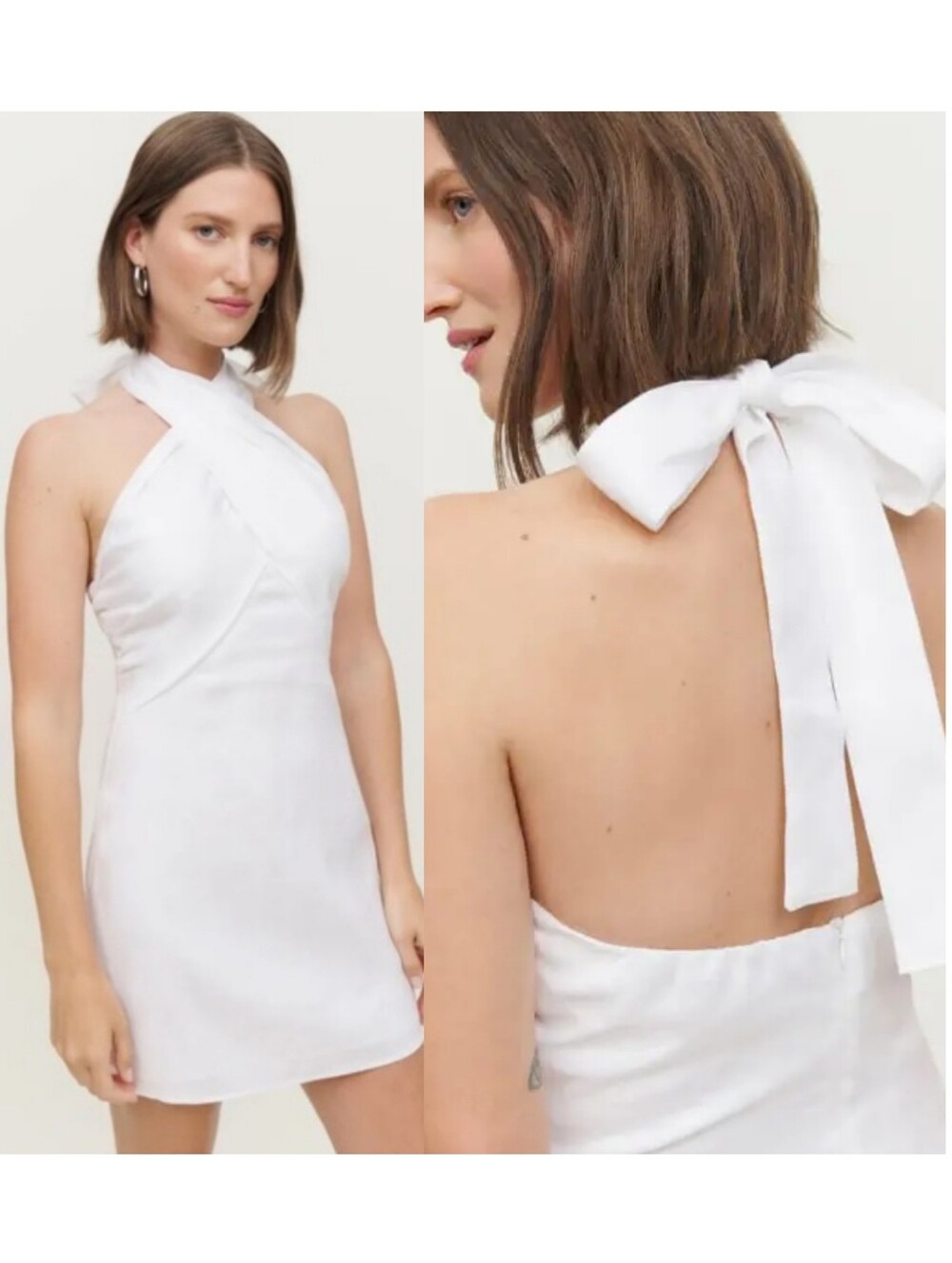 Reformation Samira Linen Cross Front Halter Mini Dress Resort Vacay Wedding Sz 8